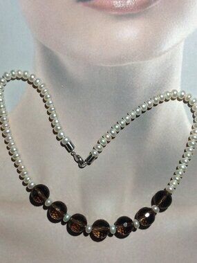 Faceted Smoky Quartz Beads and Freshwater Pearl Necklace.